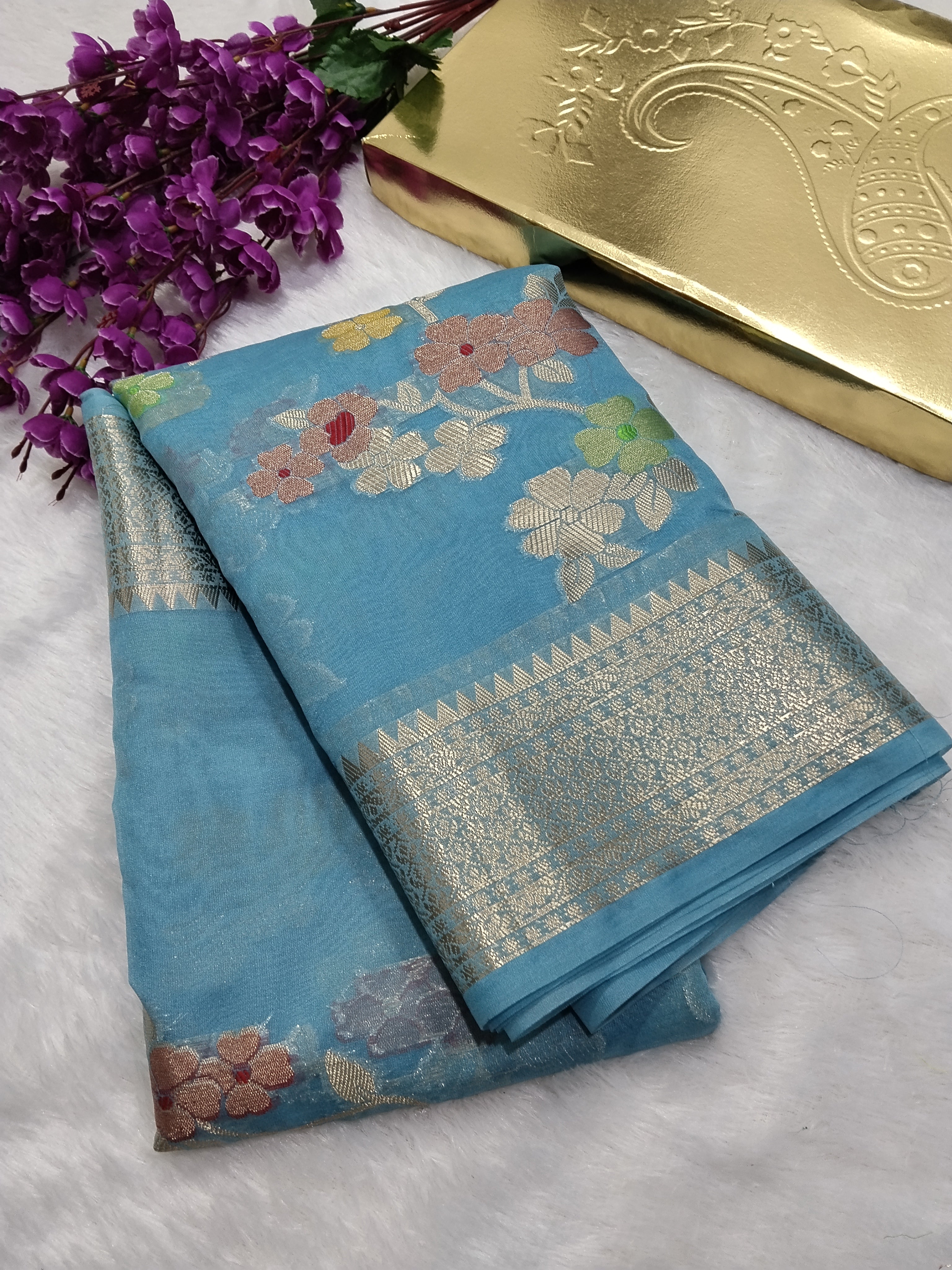 Light Blue Color Viral Banarasi Khaddi Georgette Saree