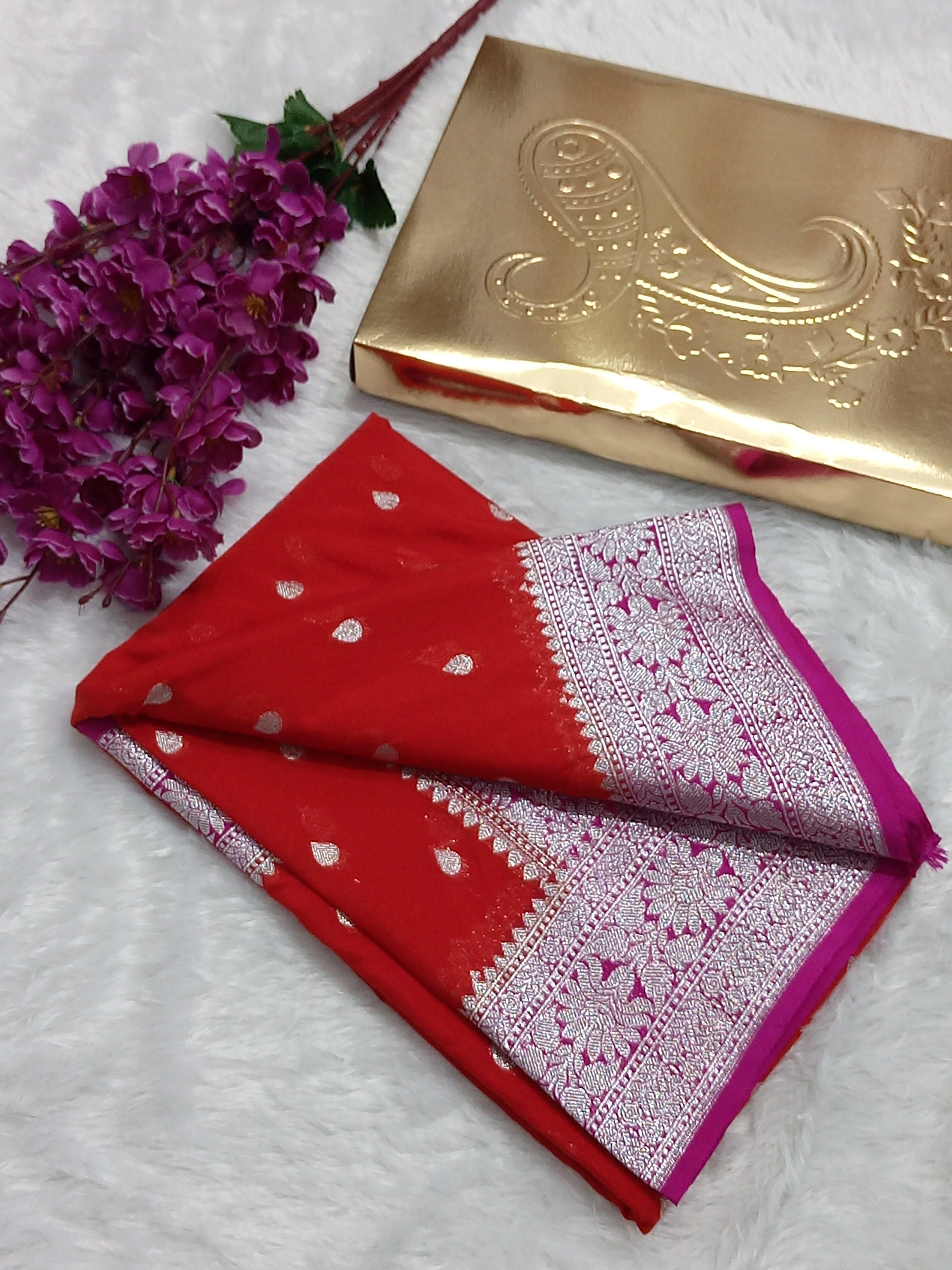 Red And Pink Banarasi Katan Georgette Saree