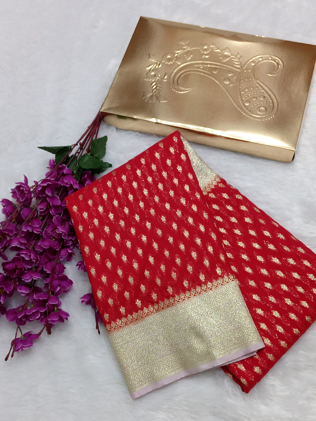 Red And Light Pink Zari Buti Georgette Saree