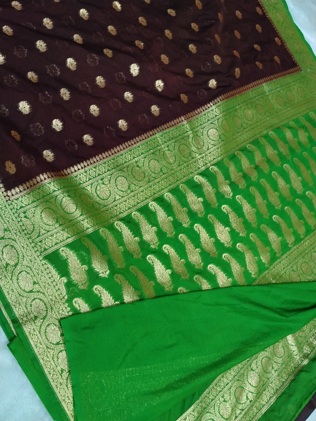 Coffee Brown And Parrot Colour Banarasi Khaddi Georgette Saree Small Buti