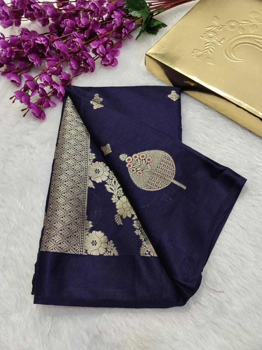 Navy Blue Colour Banarasi Warm Silk Saree