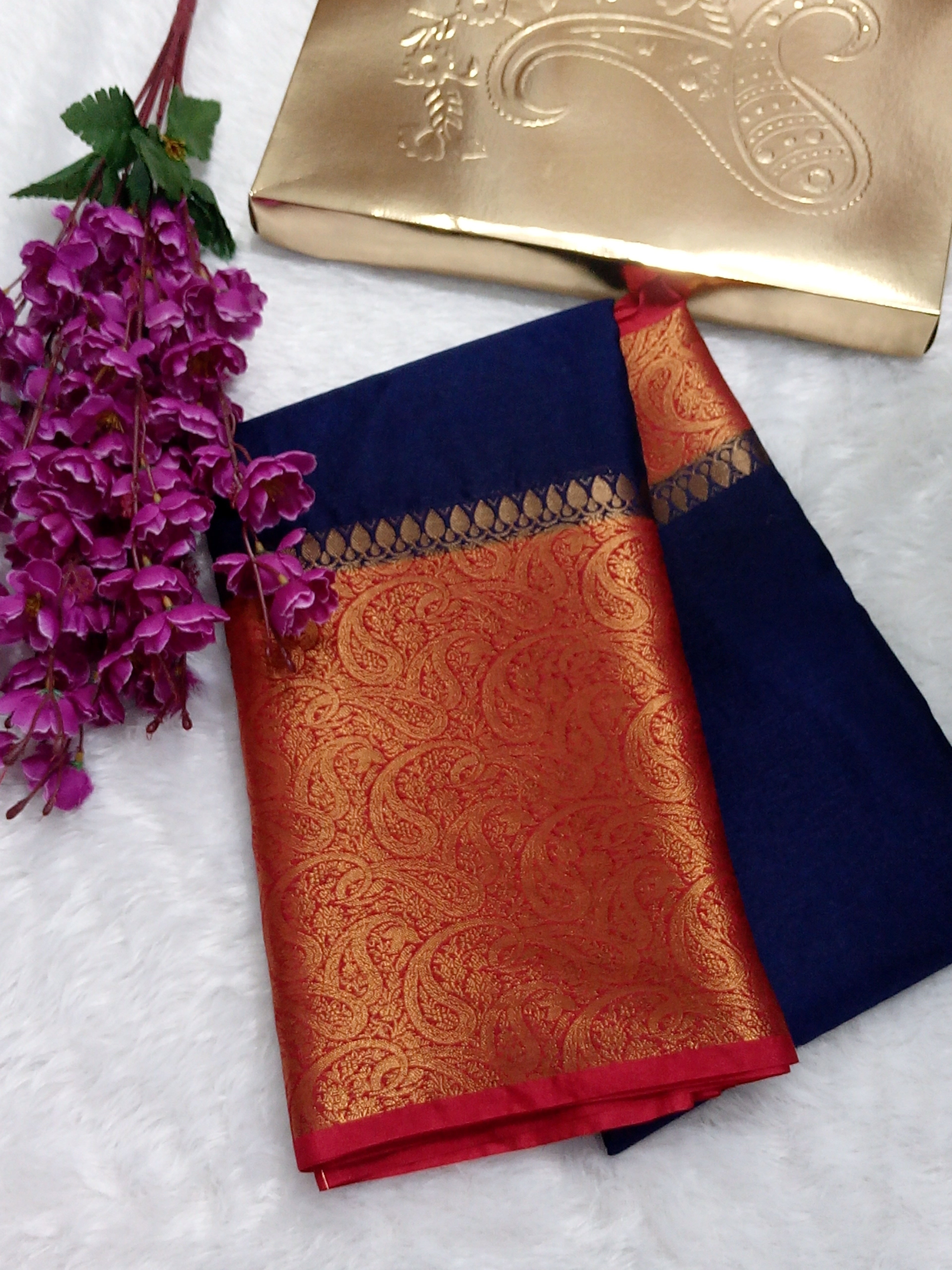 Navy Blue And Red Colour Plain Body Warm Silk Saree