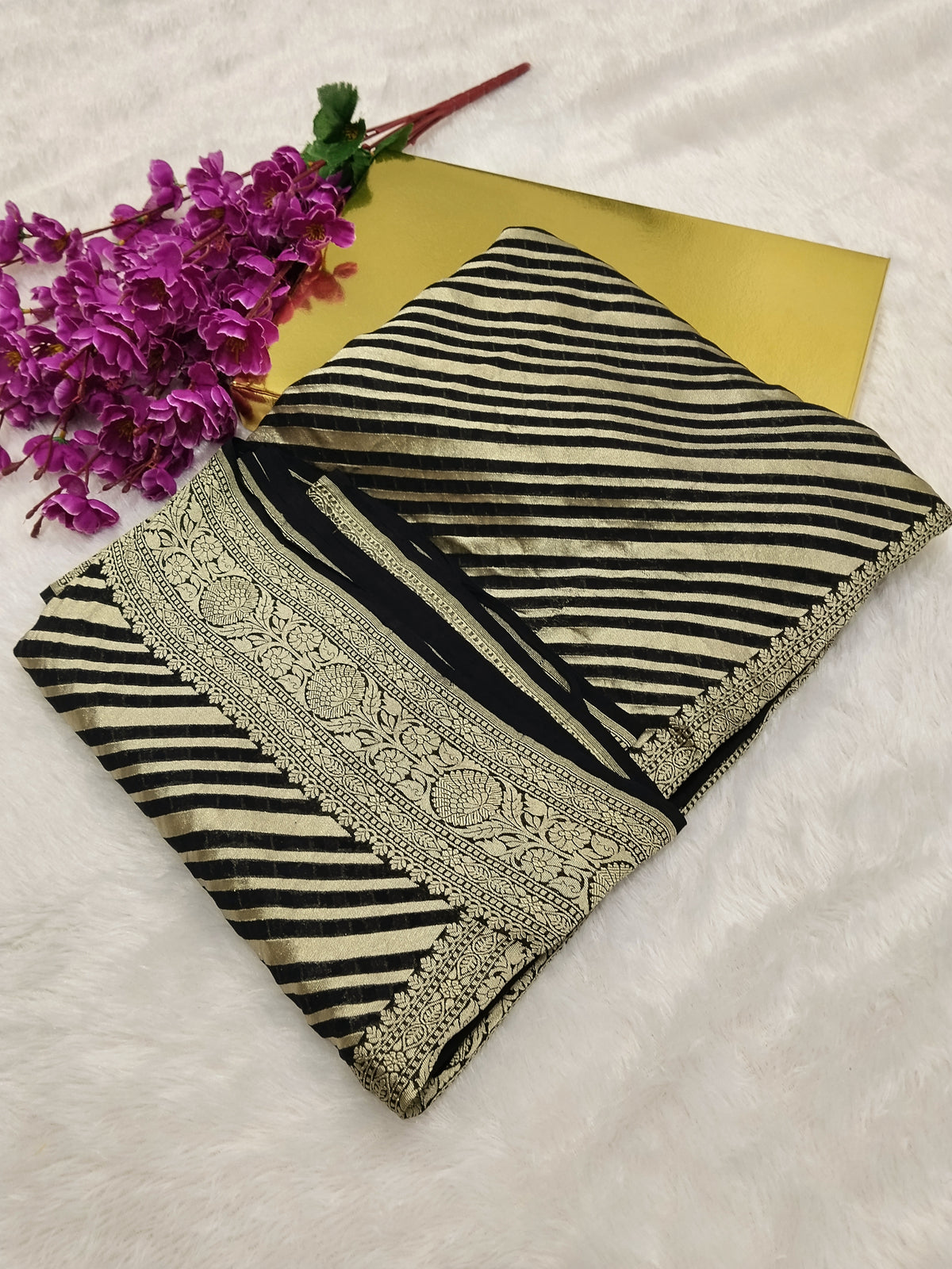 Jet Black Colour Handloom Pure Banarasi Khaddi Georgette Saree Water Zari