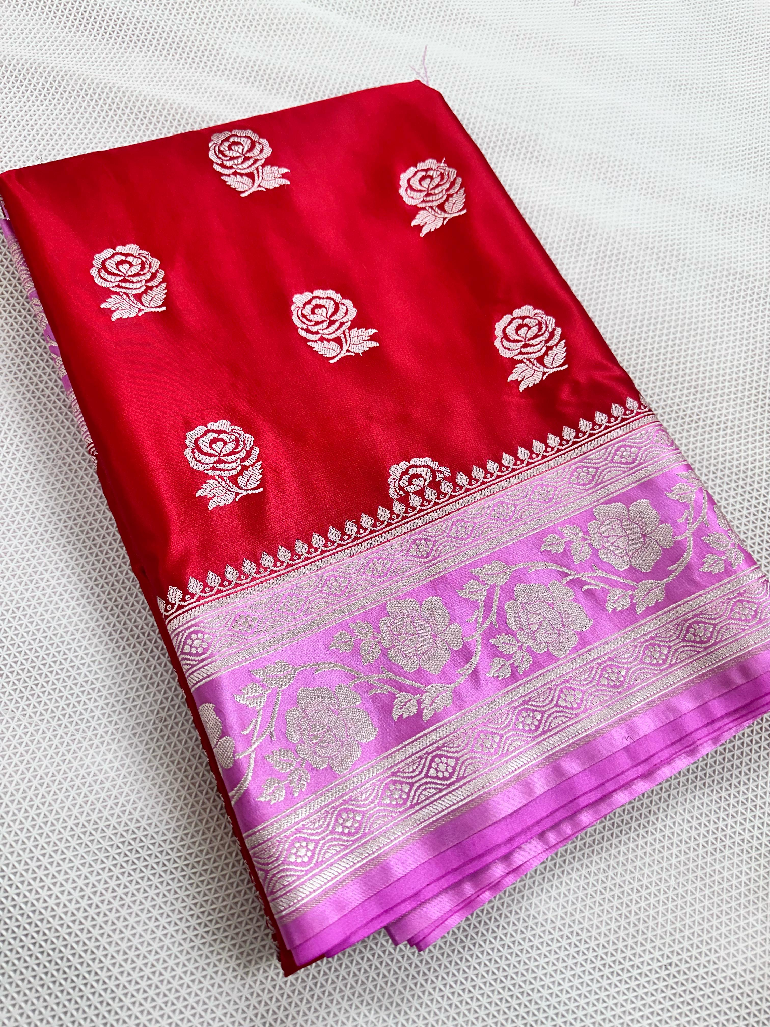 Red And Baby Pink Colour Banarasi Mashru Silk Saree