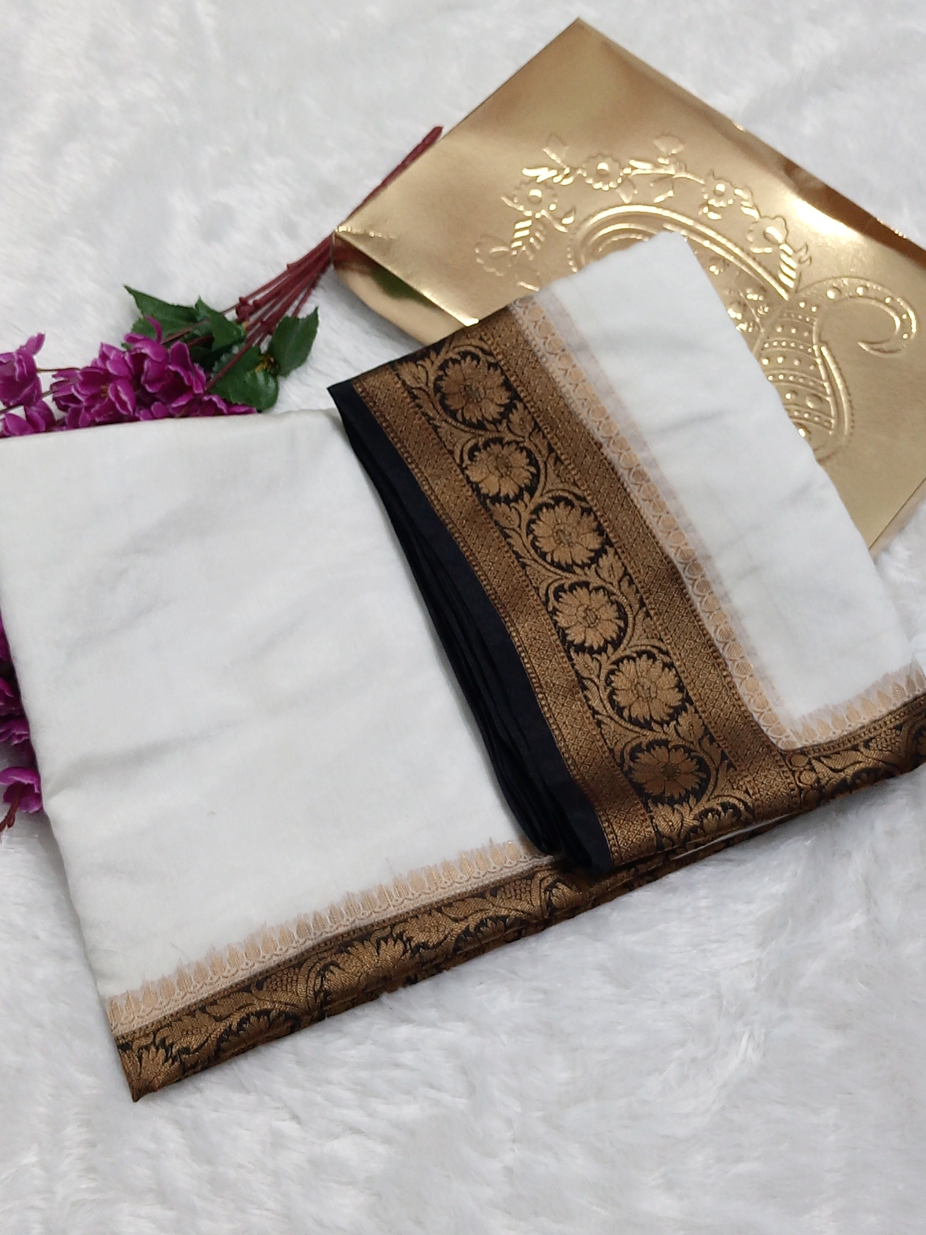 White And Black Colour Plain Body Warm Silk Saree
