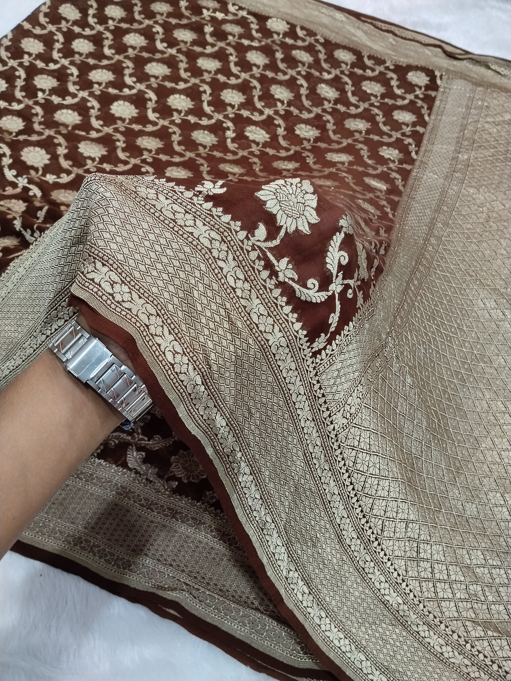 Coffee Brown Colour Handloom Pure Banarasi Khaddi Georgette Saree Water Zari