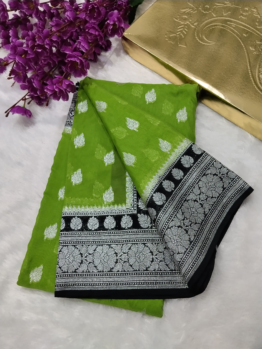 Parrot Green And Black Colour Banarasi Khaddi Georgette Saree