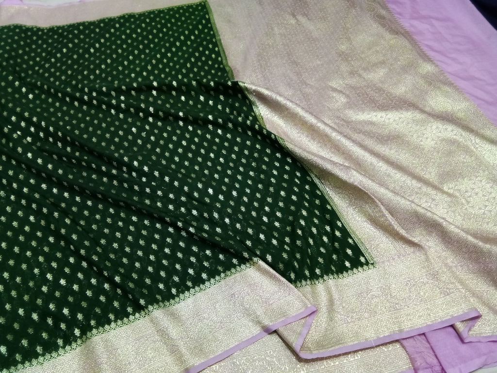 Bottle Green And Pink Zari Buti Georgette Saree