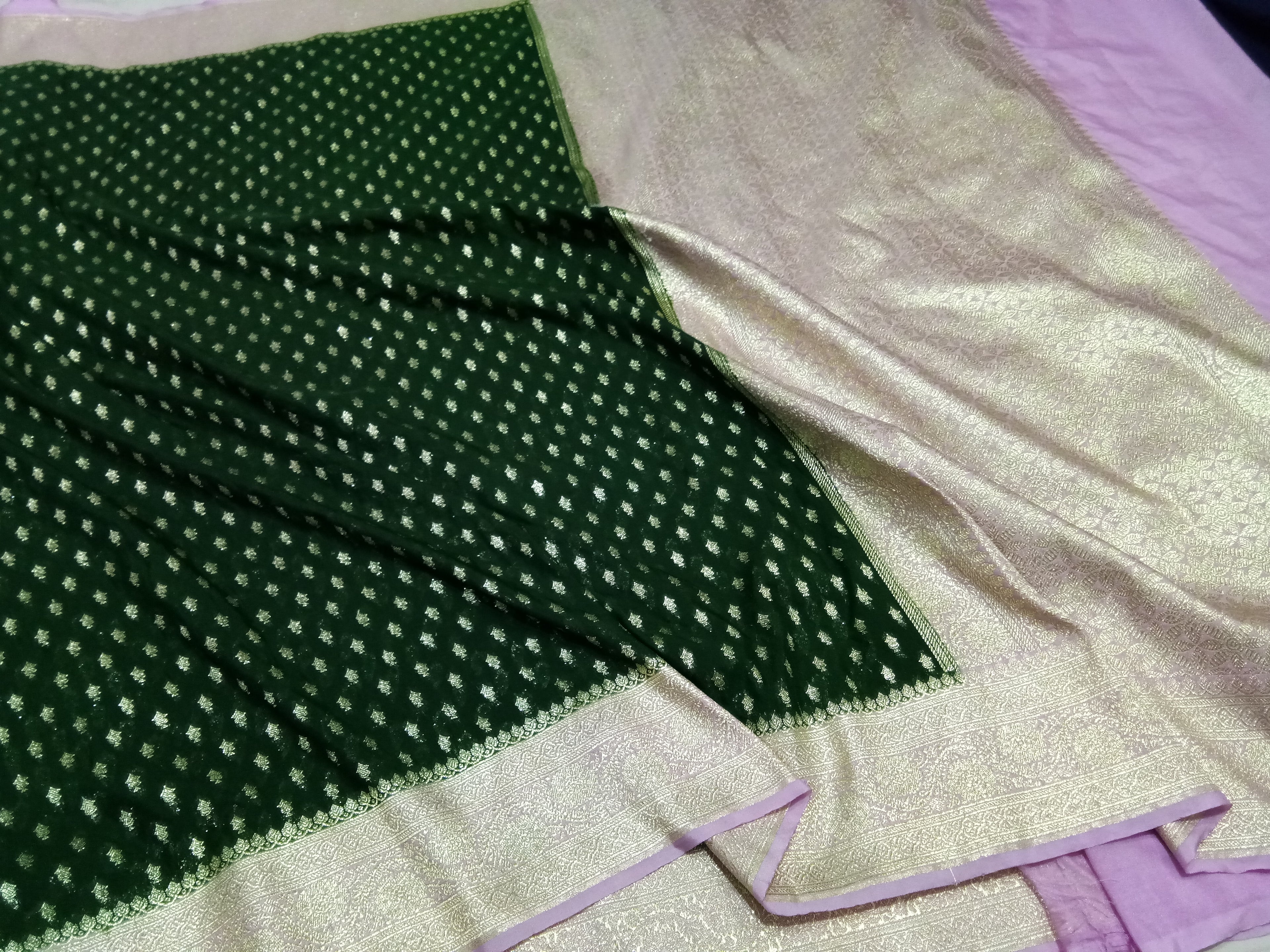 Bottle Green And Pink Zari Buti Georgette Saree