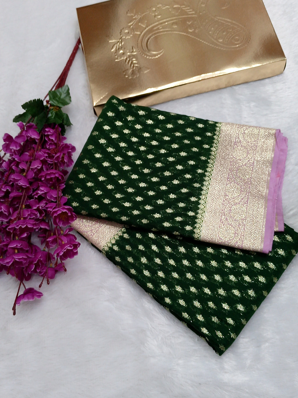 Bottle Green And Pink Zari Buti Georgette Saree