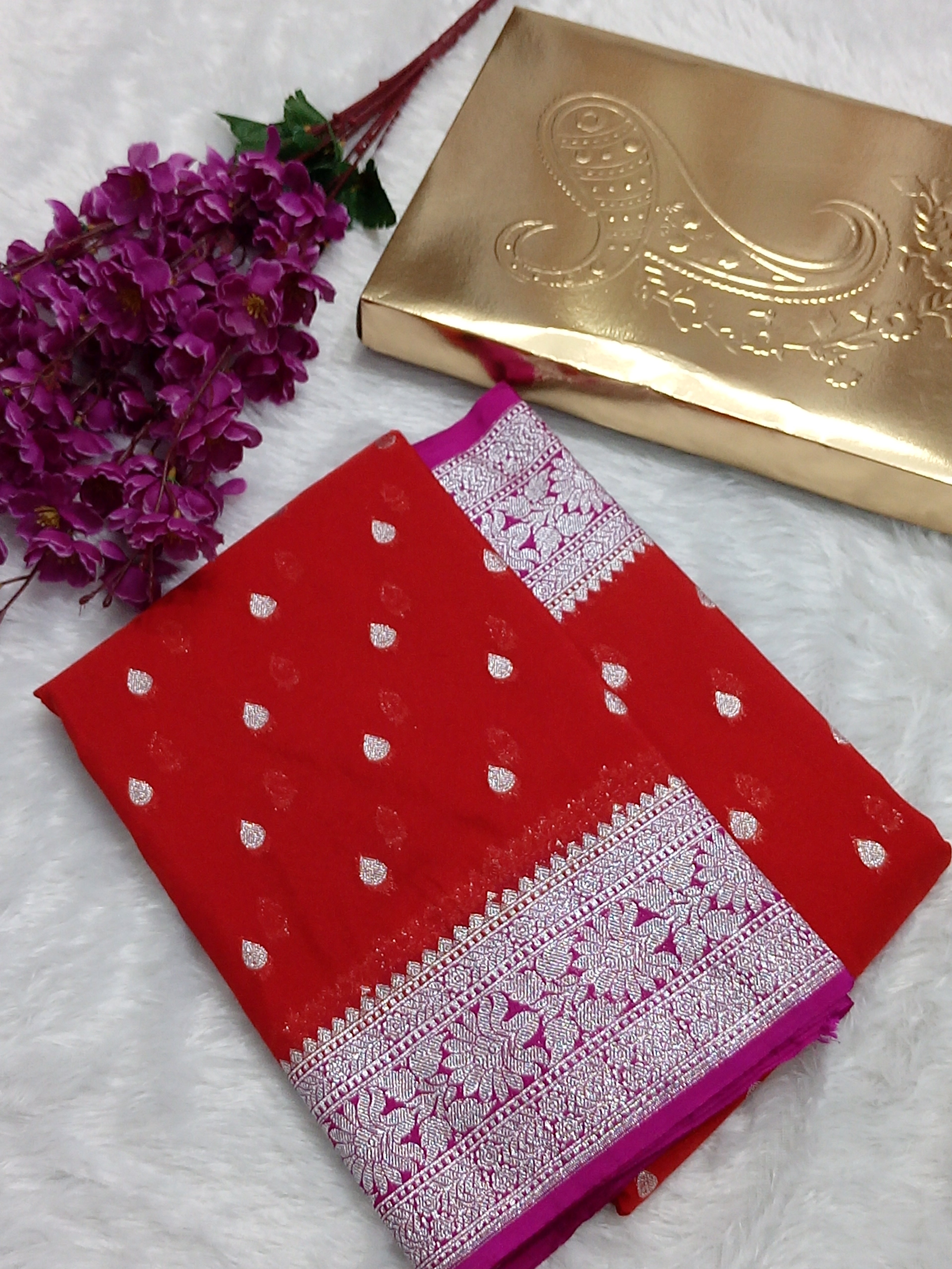 Red And Pink Banarasi Katan Georgette Saree