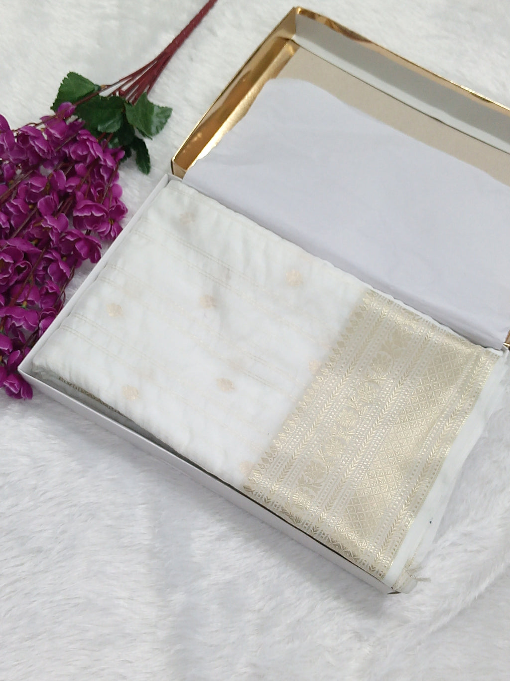 Golden Zari White Moonga Silk Saree