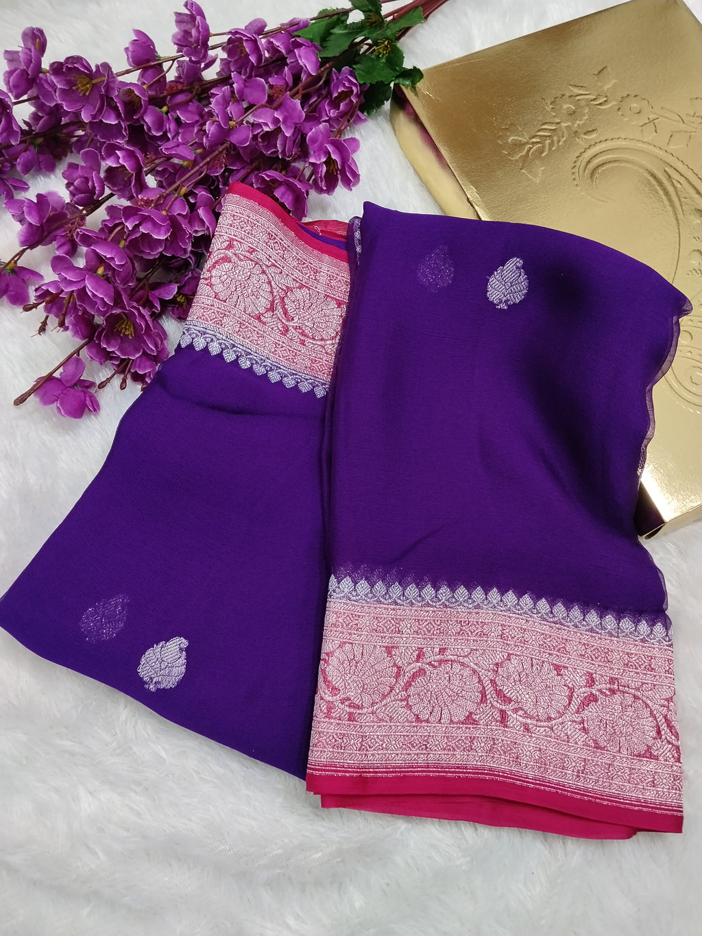 Handloom Pure Banarasi Chiffon Saree Silver Zari