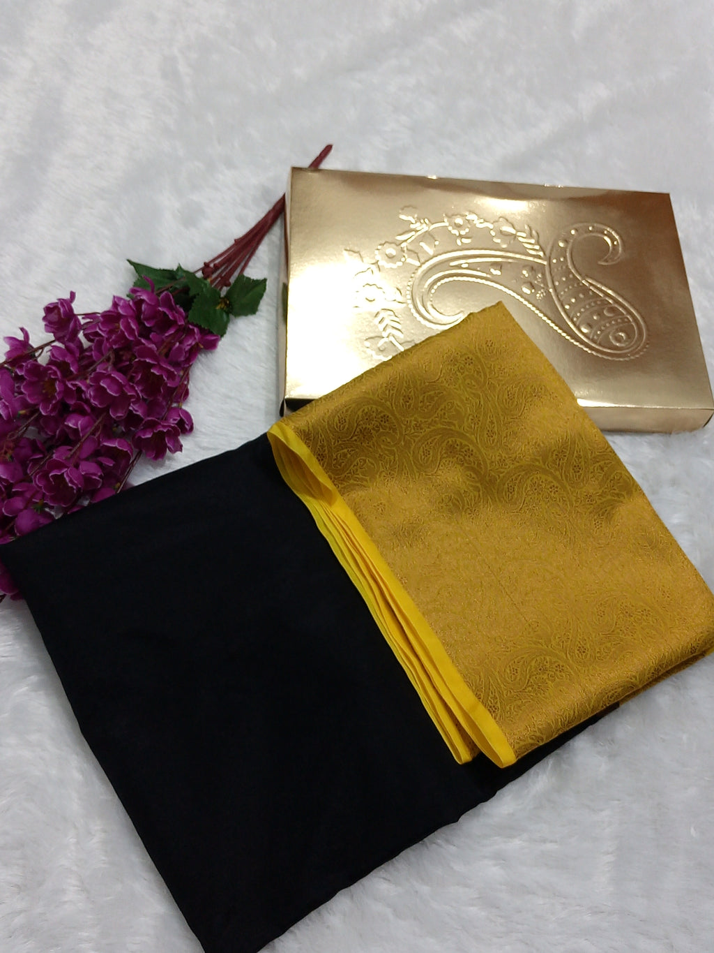 Black And Yellow Colour Plain Body Warm Silk Saree