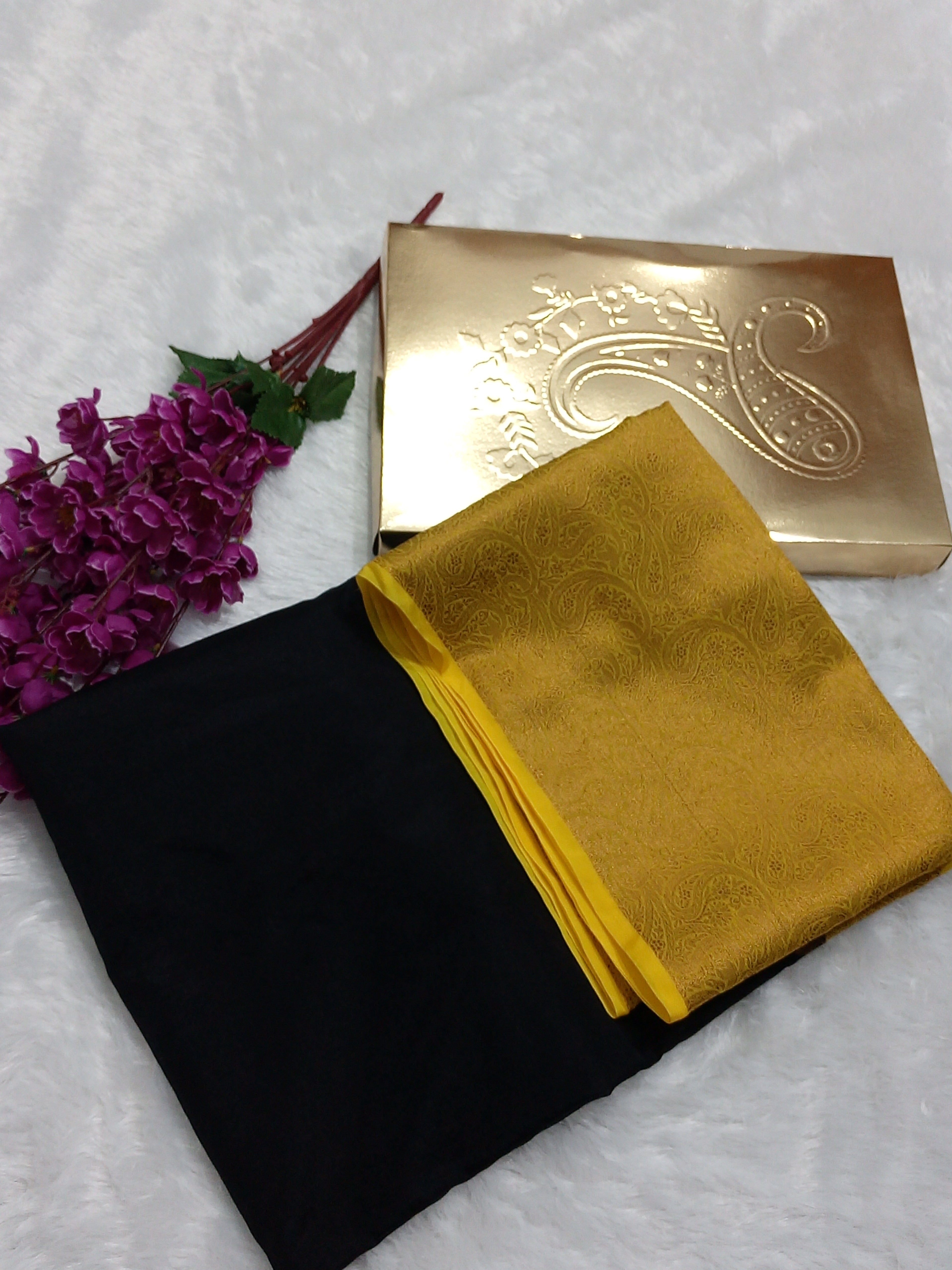 Black And Yellow Colour Plain Body Warm Silk Saree