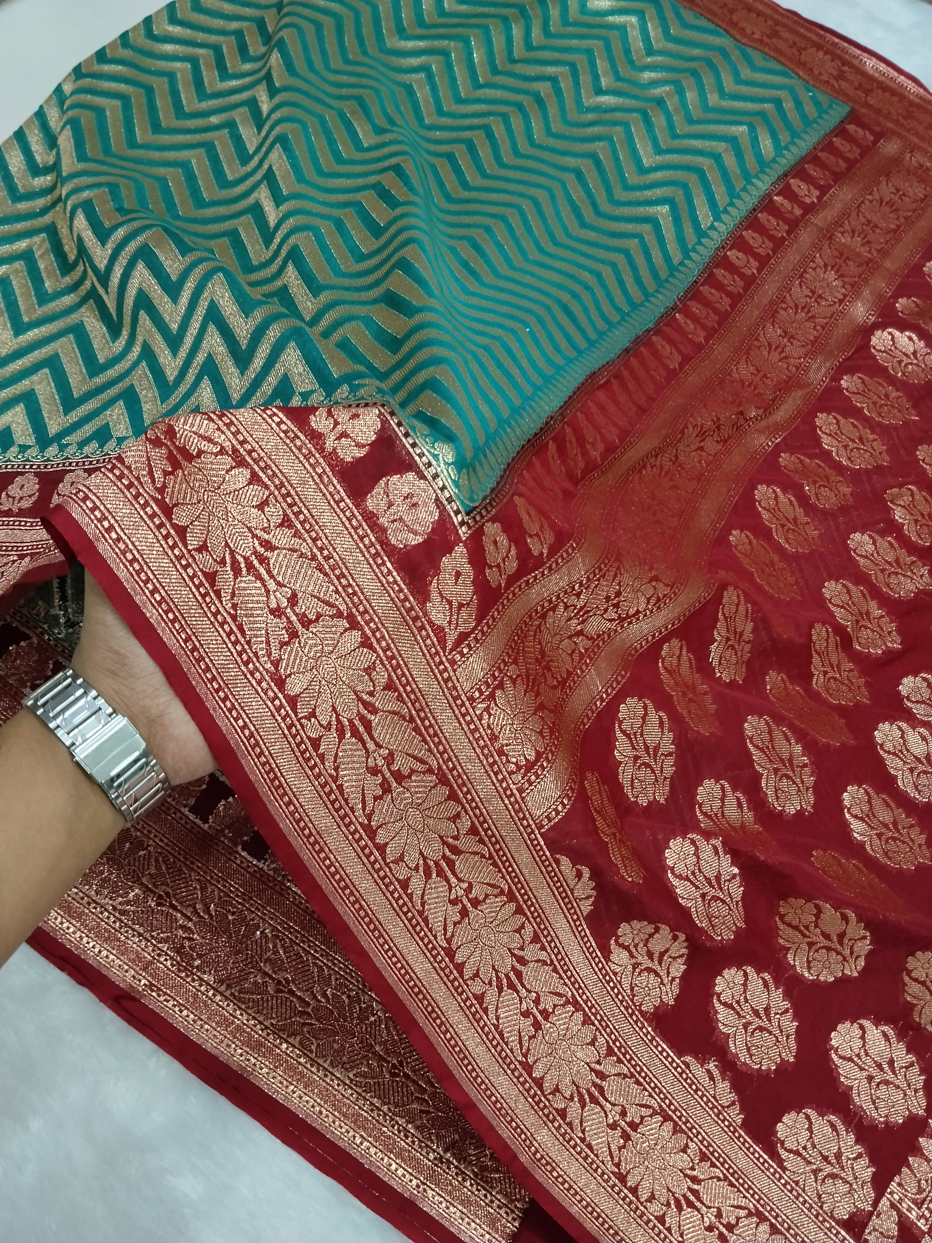 Dark Seam Green And Maroon Colour Banarasi Khaddi Georgette Saree Golden Zari