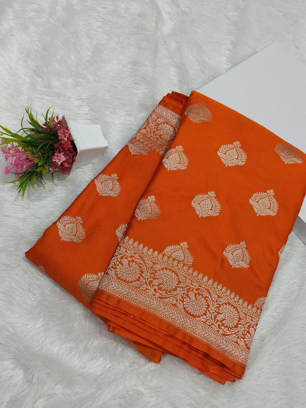 Fanta Orange Wedding Banarasi Mashru Katan Silk Saree Buta Work