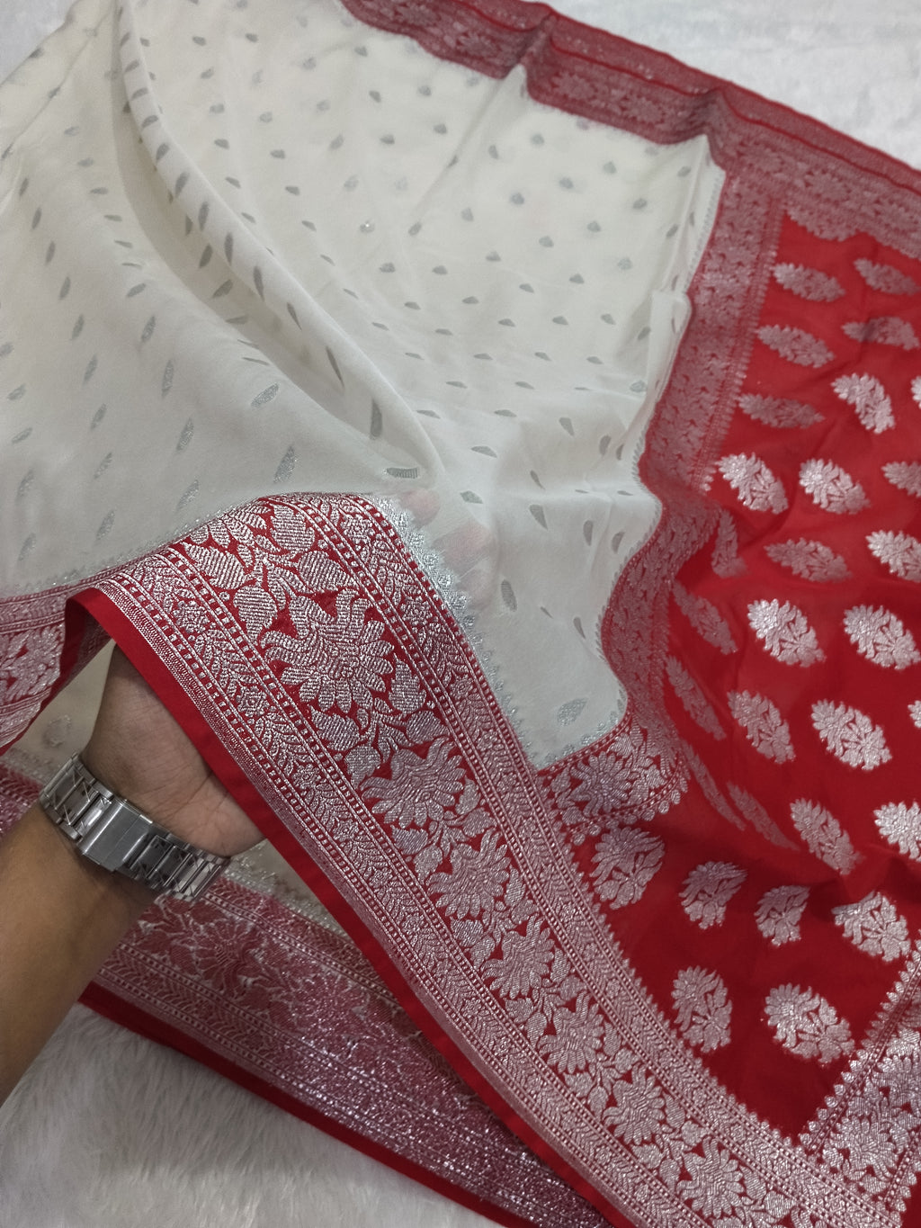Off White And Red Colour Banarasi Khaddi Georgette Saree