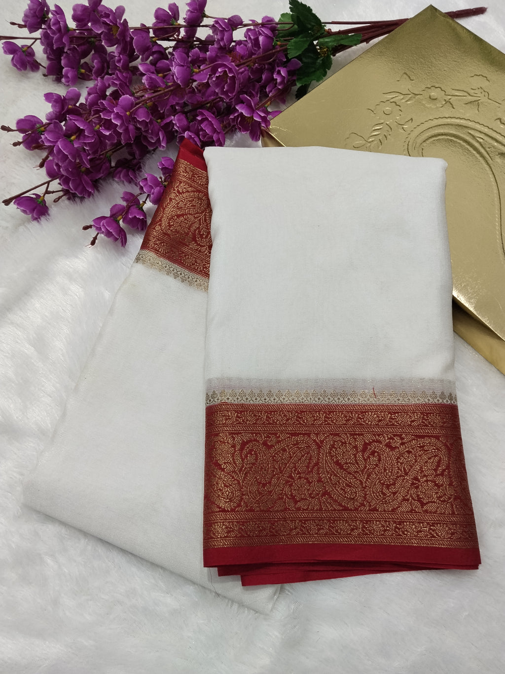 Maroon And White Pooja Special Banarasi Soft Silk Saree