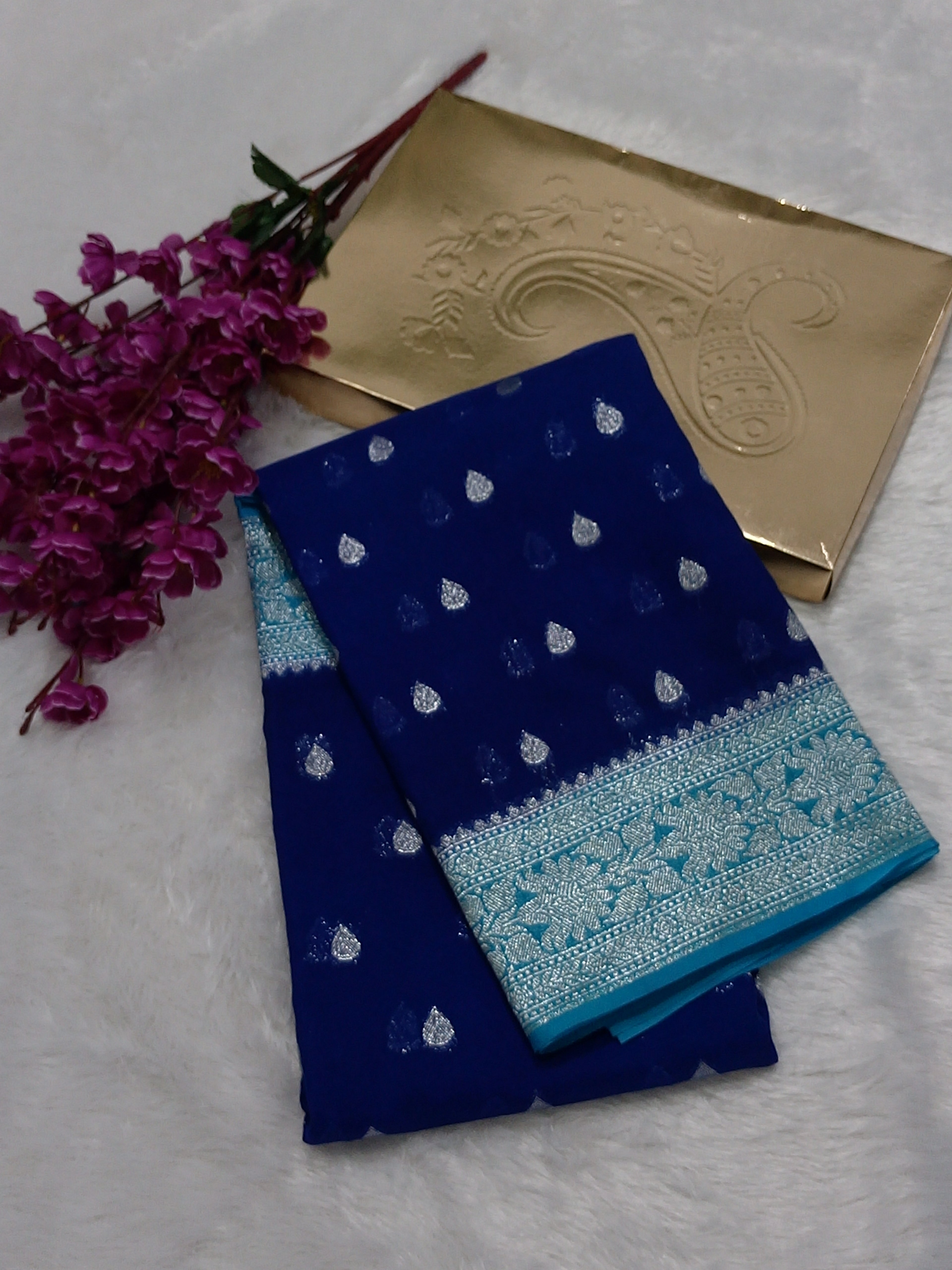 Navy Blue And Sky Blue Colour Zari Buti Khaddi Georgette Saree