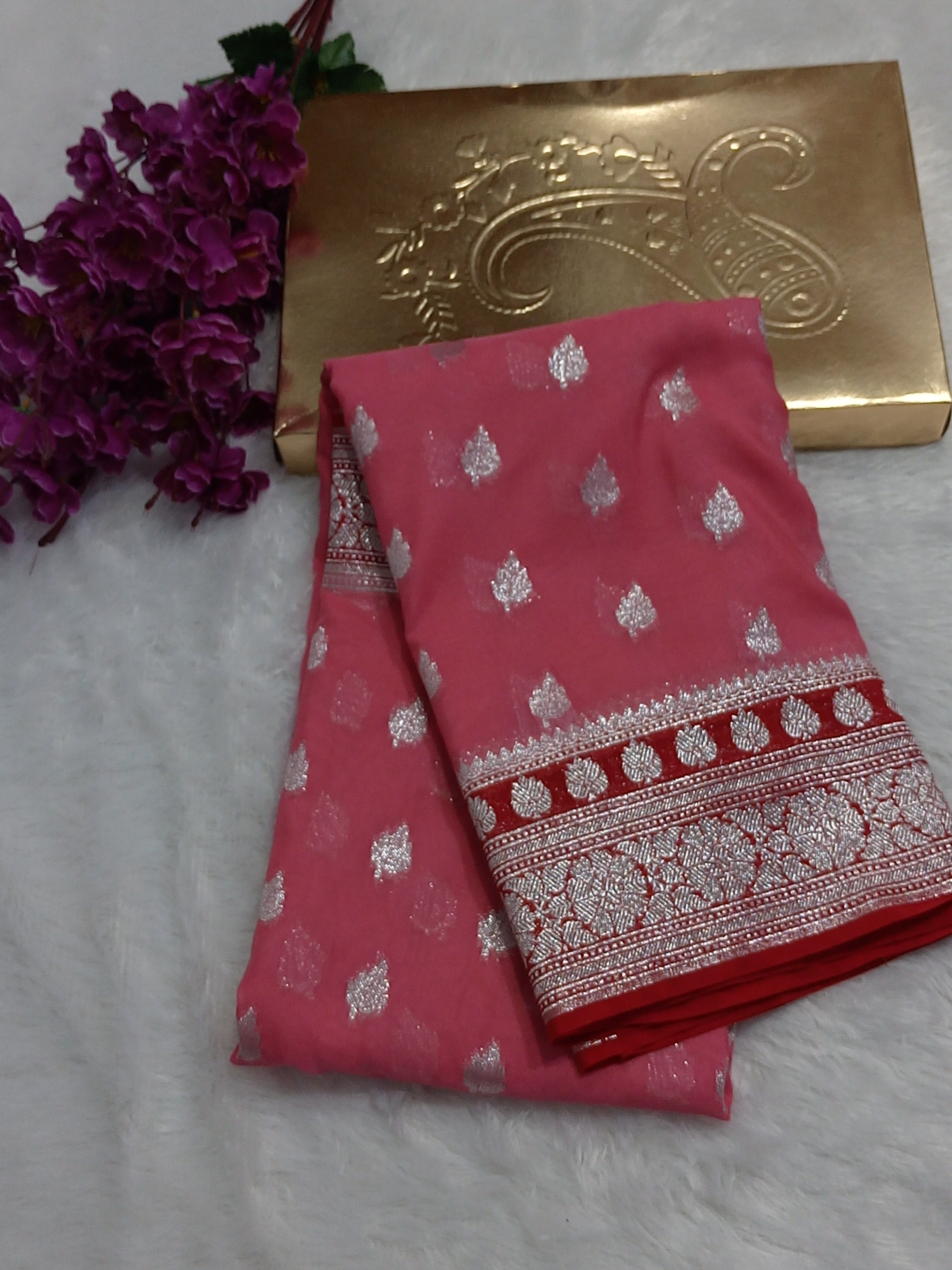 Peach And Red Colour Zari Buti Khaddi Georgette Saree