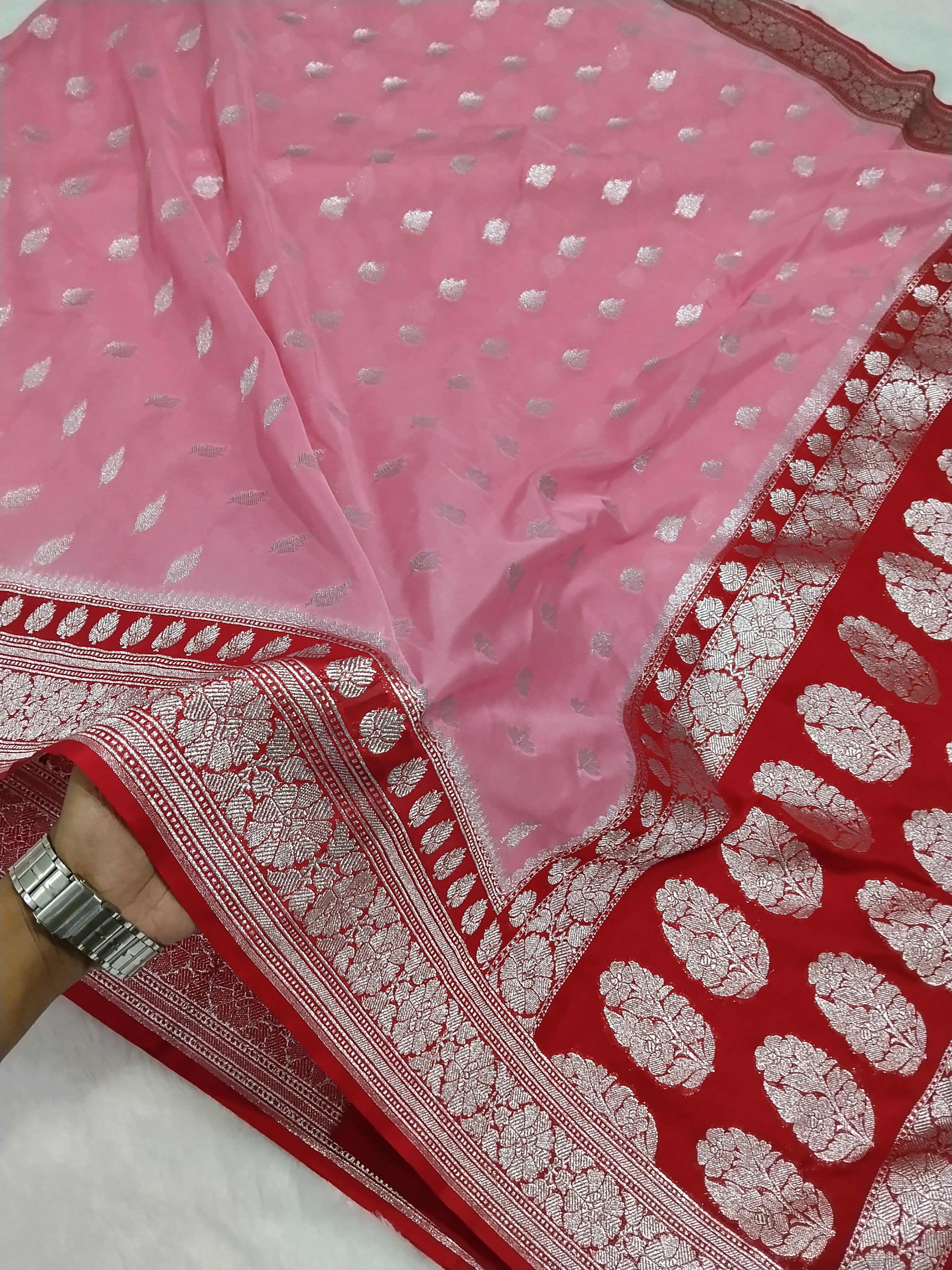 Baby Pink And Red Colour Banarasi Khaddi Georgette Saree
