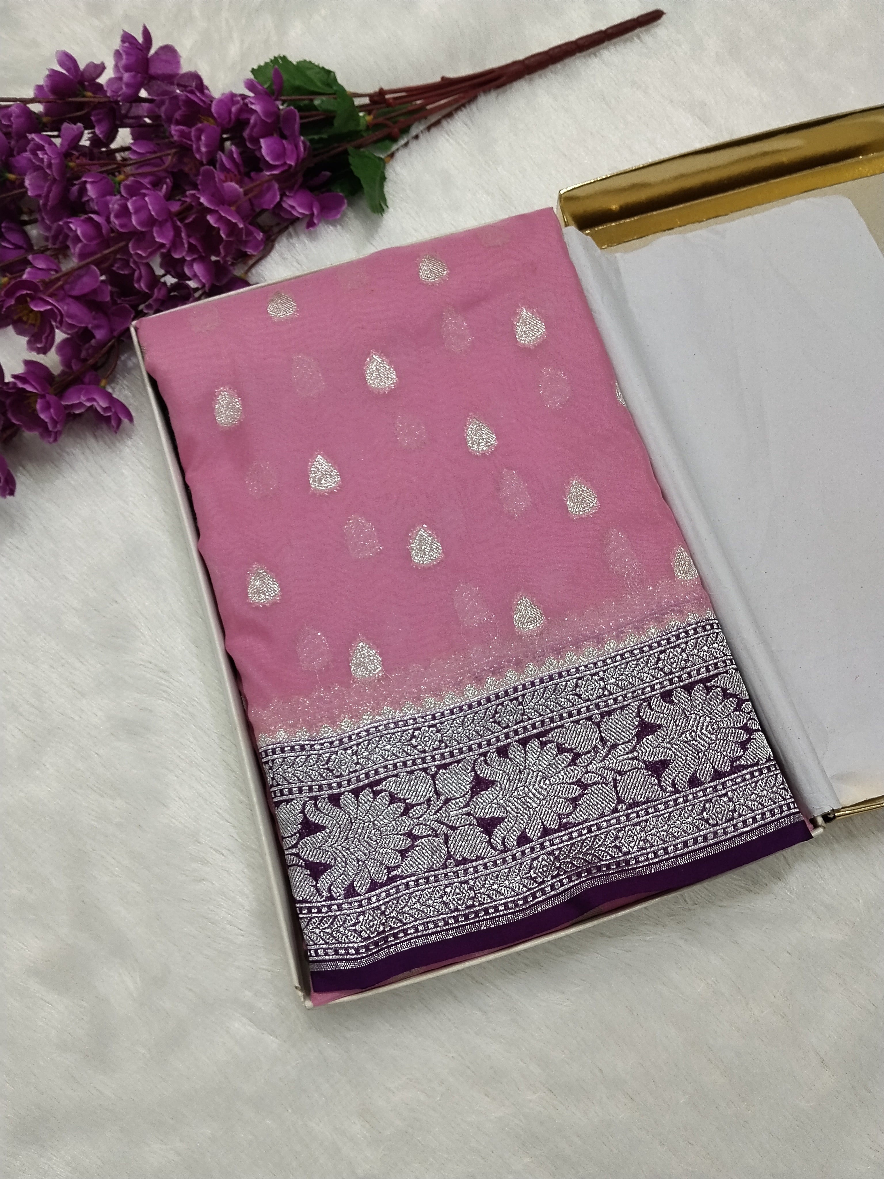 Light Pink And Purple Colour Zari Buti Khaddi Georgette Saree